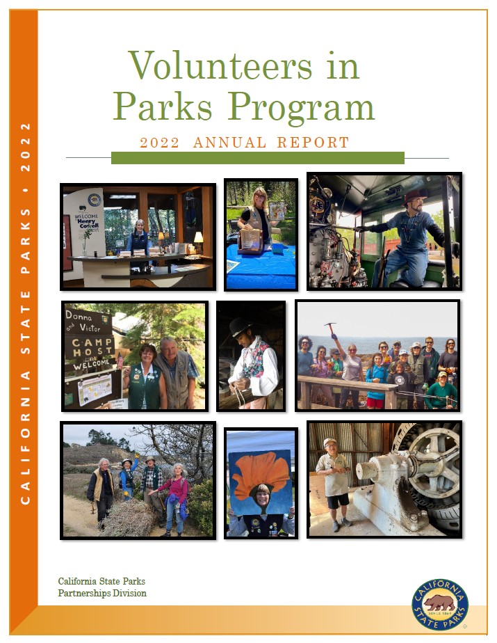 2022 annual report cover with photos of volunteers serving in parks